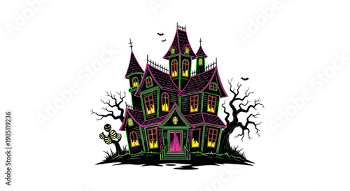 Tableau sur toile Spooky Haunted Mansion Halloween Illustration with Bats and Bare Trees