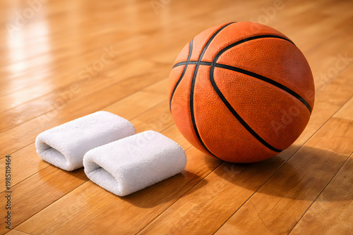 Basketball with white wristbands on polished wooden court floor