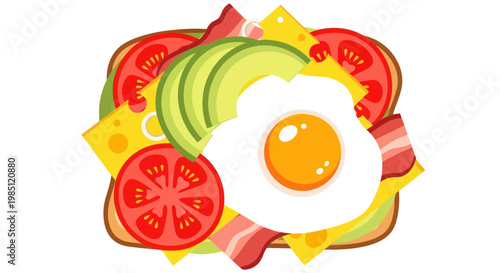 Delicious Breakfast Sandwich with Fried Egg, Bacon, Avocado, Tomato, and Cheese