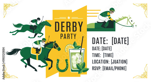 Derby Party Invitation Template with Horses, Jockeys, Drink, and Horseshoe