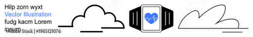 Health monitoring, wearable technology, fitness tracking, digital healthcare, personal wellness, modern tech. Smartwatch heart icon flanked by minimalist cloud line art. Health monitoring