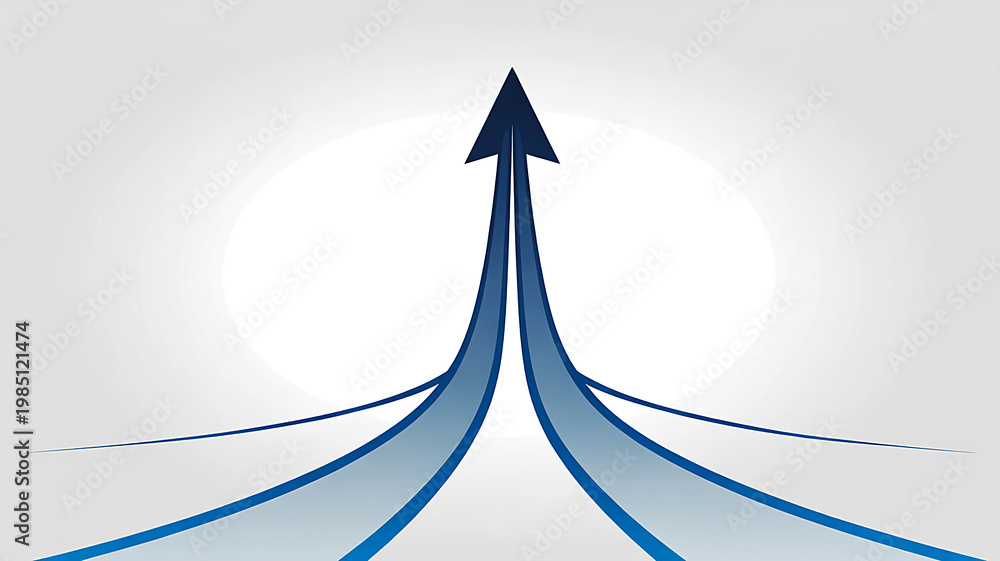 Fototapeta premium Dynamic visual metaphor depicting multiple converging blue arrows uniting into a powerful singular upward trajectory, symbolizing strategic growth, progress, and successful market direction