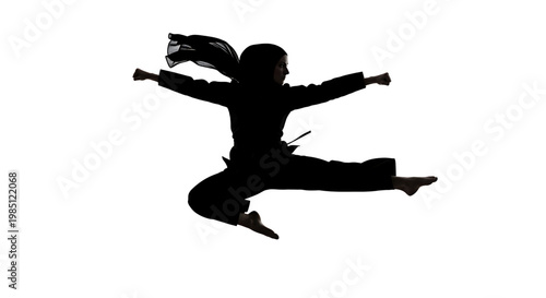 A silhouette of a woman in a martial arts pose, jumping in mid-air with her hair flowing behind her.