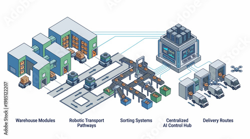 Automated warehouse management system with robotic transport and sorting.
