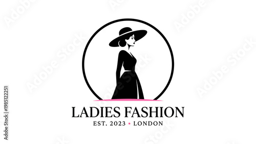 A black and white logo for "Ladies Fashion" featuring a stylized silhouette of a woman in a hat and dress within a circle, with "Est. 2023 London" below.