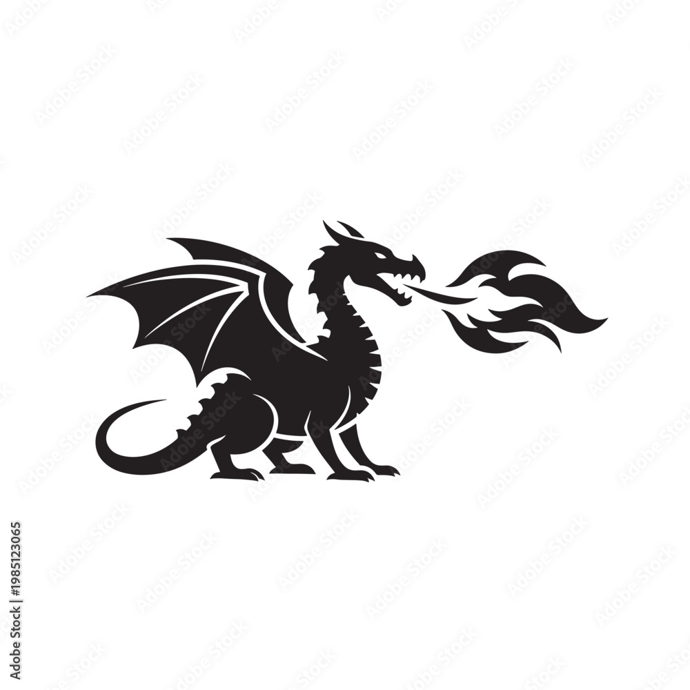 Fototapeta premium Fire Breathing Dragon Silhouette Black Mythical Creature Fantasy Icon Isolated on Transparent Background