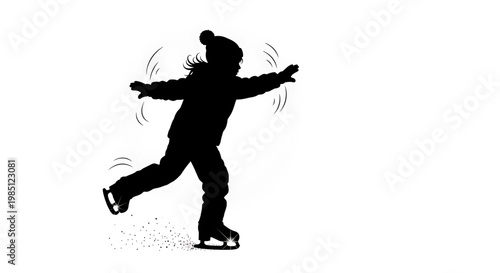 A silhouette of a young girl ice skating with her arms outstretched in a dynamic pose.