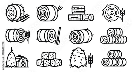 Farm Hay Bales Icons Set - Round and Square, Vector Line Art