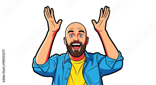 Cuadro en lienzo Excited bald man with beard, arms raised in celebration, white background