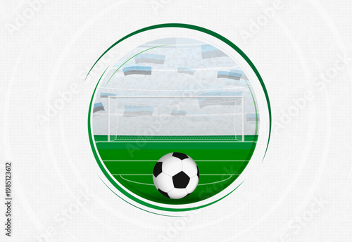 Estonia football fan celebration scene featuring a soccer ball, goal net, and waving national flags in a stadium.