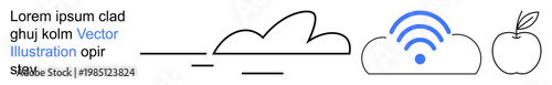 Technology, cloud storage, wireless communication, digital connectivity, natural concepts, minimalism. Simple cloud shapes, wireless signal and apple outline. Technology and cloud storage concept