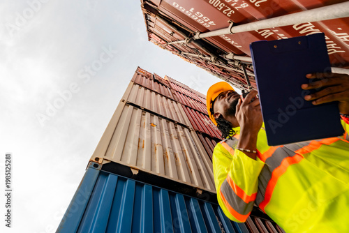Technical specialist evaluating cargo container status and global shipping protocols. Professional site inspector supervising maritime logistics and freight infrastructure at a shipyard depot.