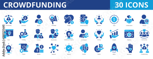 Crowdfunding icon pack collection set for business finance and capital startup. With fundraising, donation, campaign, pledge, donation, support, collaboration, investment, volunteer, angel investor