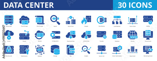 Data center icon pack collection set for infrastructure server and hosting technology. With cloud computing, storage, database, firewall, backup, maintenance, internet, encryption, hosting, access