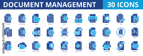 Document management icon pack collection set for business file and administration. With folder, document, edit, archive, search, share, save, copy, rename, scan, view, sync, backup, organize, storage
