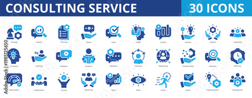 Consulting service icon pack collection set for business management coaching and mentoring. With strategy, analysis, planning, advice, insight, coaching, solution, support, leadership, innovation