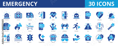 Emergency icon pack collection set for risk management and medical aid. With first aid, evacuation, sos, safety, protective gear, risk management, contingency, mitigation plan, disaster recovery