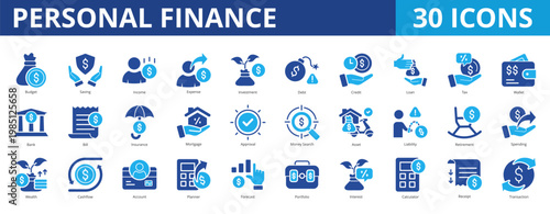 Personal finance icon pack collection set for wealth management and retirement plan. With budget, saving, income, expense, investment, insurance, earning, financial planning, forecast, asset, money
