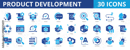 Product development icon pack collection set for manufacture industry design and research. With brainstorming, prototyping, testing, iteration, feedback, analysis, continuous improvement, innovation
