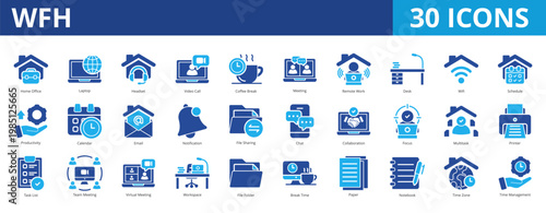 Wfh icon pack collection set for work from home business office. With meeting, remote work, digital nomad, productivity, time, management, virtual workspace, job, target, activity, collaboration