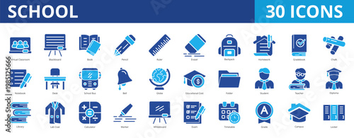 School icon pack collection set for learning and education. With virtual classroom, student, teacher, diploma, library, mentoring, teaching, coaching, study, literature, knowledge, scholarship, exam