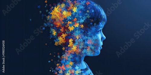 young male child with autism spectrum puzzle pieces - asd Autism spectrum disorder concept for boys, males, and children