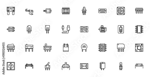 Electronic Component icon set. Vector symbols for Fuse, Switch, Motor, Chip, LED, USB, Battery, Capacitor and more. Minimal circuit icons.