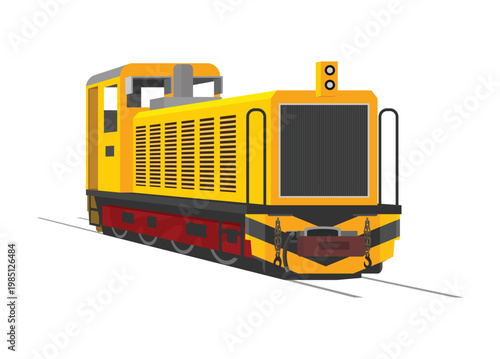 Narrow gauge diesel locomotive. Simple flat illustration in perspective view.