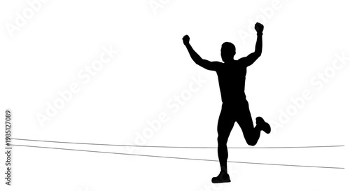 A triumphant athlete in a celebratory pose, jumping with arms raised in victory