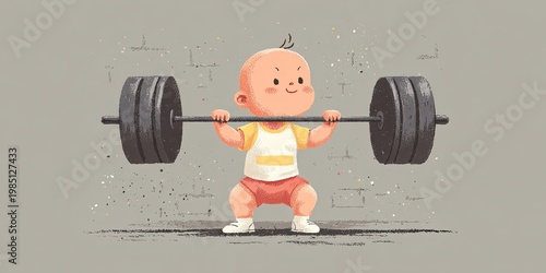 Young baby is lifting weights - heavyweight weightlifter youth with little child