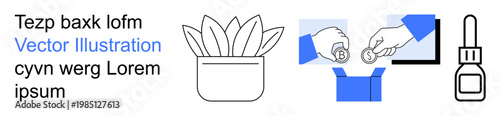 Charity, donations, environment, digital contributions, sustainable practices, crowdfunding. Potted plant, hand putting coins into a donation box container illustration. Charity and donations