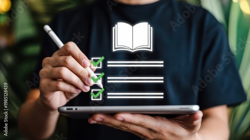 Person using digital tablet and stylus to complete checklist with book icon for education and e-learning goals