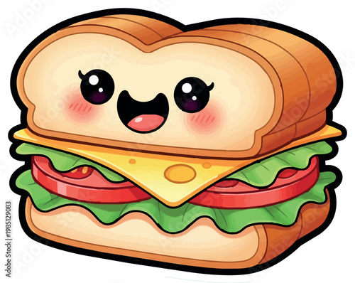 A colorful food drawing of a cartoon-style sandwich with ham and cheese, lettuce, tomato, and bread layers.