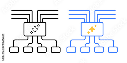 Load balancing distribution symbol. Multiple input lines evenly distributed to output nodes. AI workload distribution concept. Simple geometric illustration.