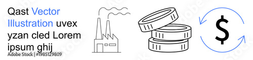 Industrial manufacturing, financial trade, global economy, energy production, monetary systems, and business analytics. Factory emitting smoke, stacked coins and dollar with arrows. Financial trade
