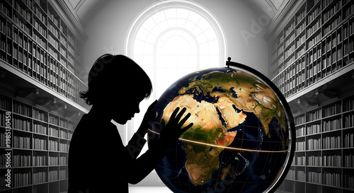 A silhouette of a child touching a globe in a library with many books and a large window