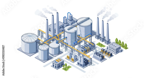 Isometric Industrial Plant with Storage Tanks and Smoking Chimneys.