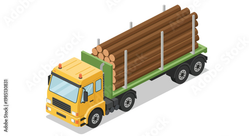 Isometric Logging Truck Transporting Timber Logs.