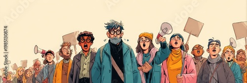 Activists are protesting in a crowd on the streets - animation style cartoon drawing of protestors performing activism