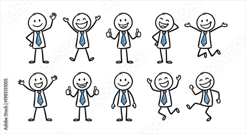 Set of happy stick figures in business attire celebrating and expressing joy