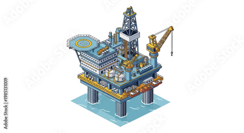 Isometric Offshore Oil Rig Platform Extracting Petroleum from Sea.