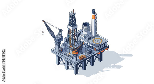 Isometric Offshore Oil Rig Platform for Energy Production.