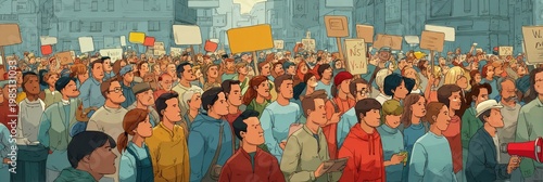 Activists are protesting in a crowd on the streets - animation style cartoon drawing of protestors performing activism