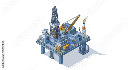 Isometric Offshore Oil Rig Platform for Energy Production.