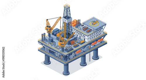 Isometric Offshore Oil Rig Platform for Energy Production.
