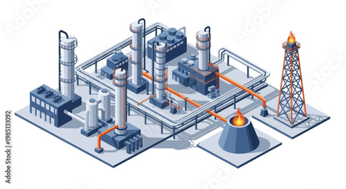 Isometric Oil Refinery and Gas Processing Plant Illustration.