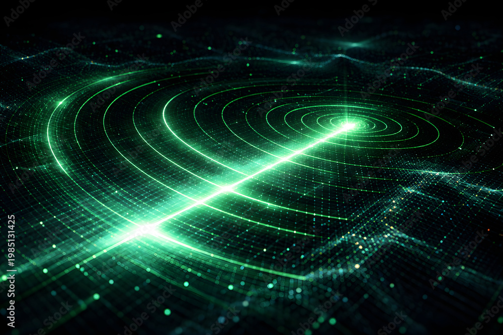 Obraz premium Abstract Digital Radar Scan Concept - Futuristic Green Sonar Display with Sweeping Beam and Data Grid - Technology, Surveillance and Navigation Background