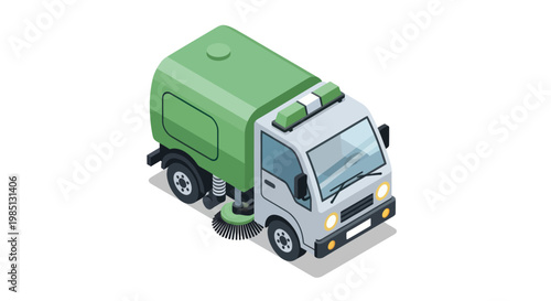 Isometric Street Sweeper Truck Cleaning City Roads.