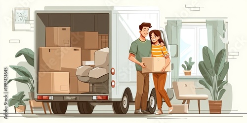 Happy couple (man and woman) moving boxes - moving and relocation concept with all belongings packed and boxed