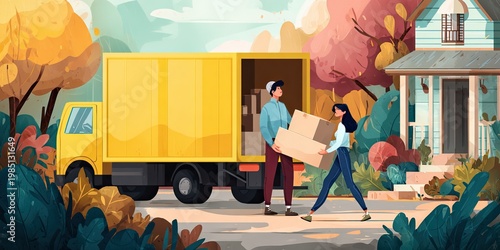 Happy couple (man and woman) moving boxes - moving and relocation concept with all belongings packed and boxed